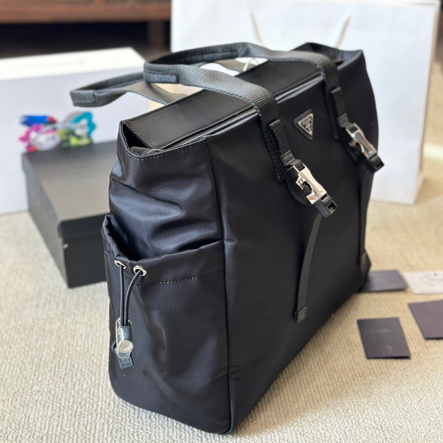Black nylon large tote bag