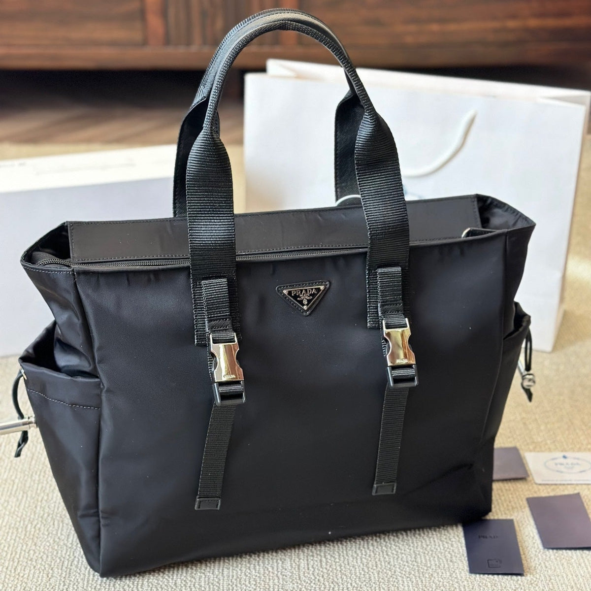 Black nylon large tote bag