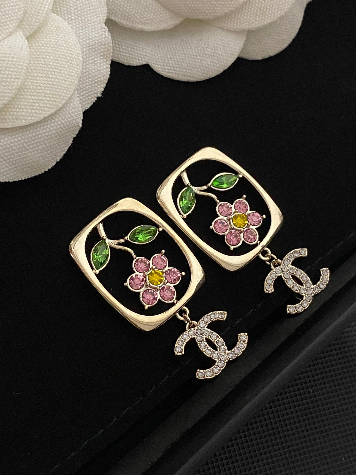 Colored Diamond Flower Pendant Earrings