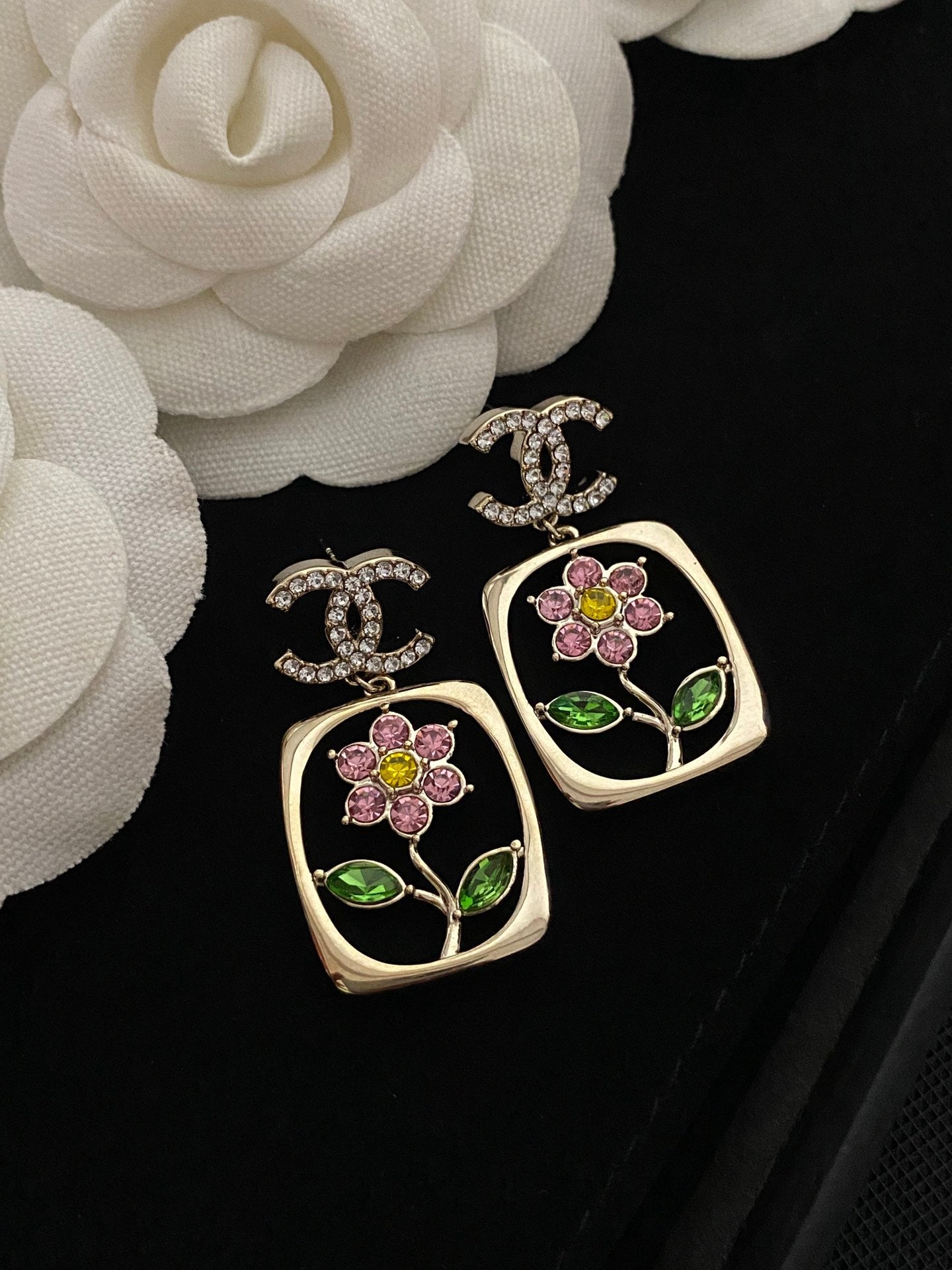 Colored Diamond Flower Pendant Earrings