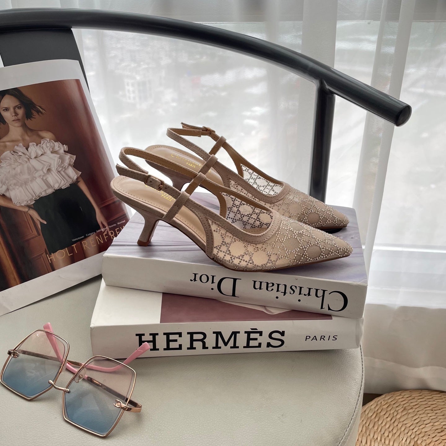 Mesh rhinestone kitten heels