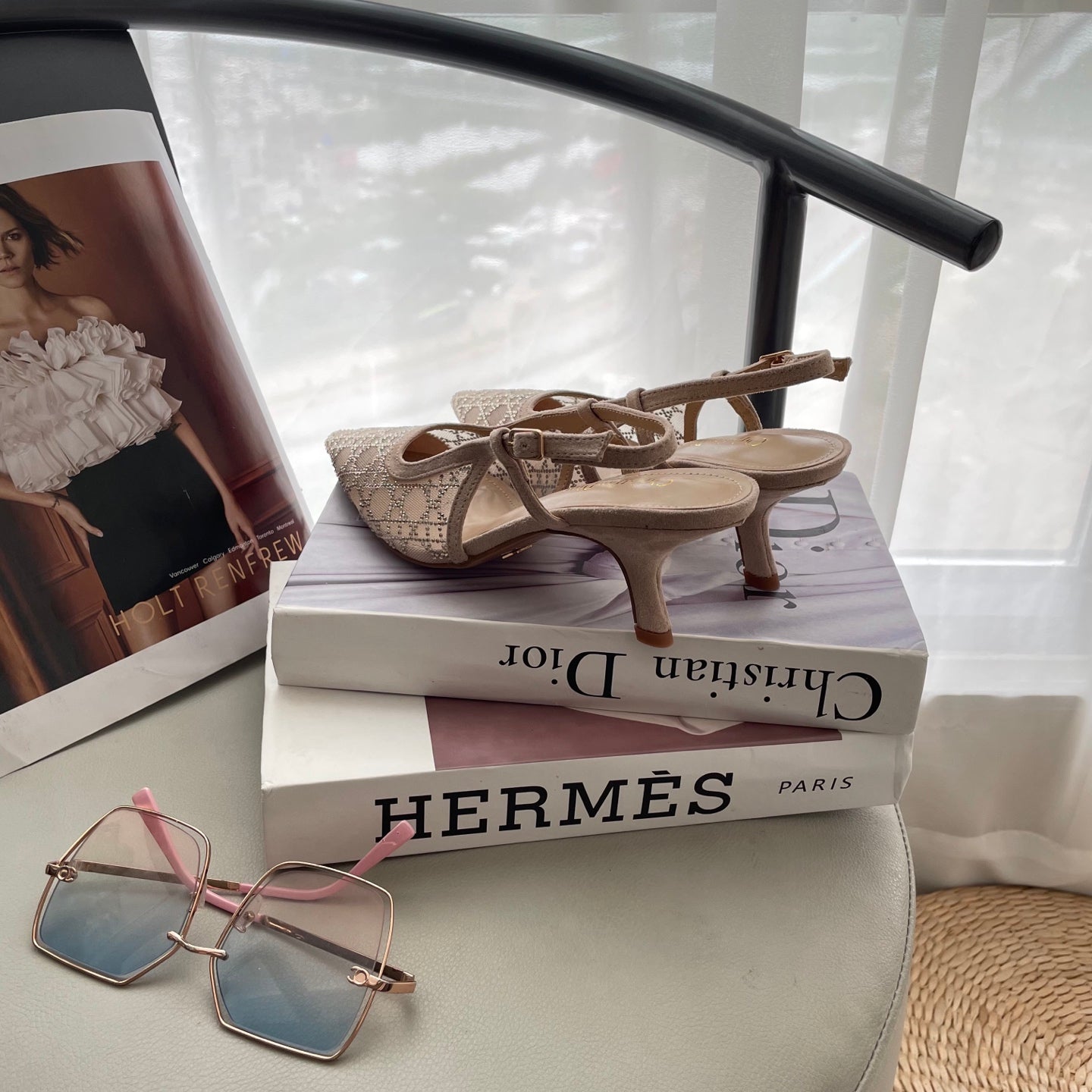 Mesh rhinestone kitten heels