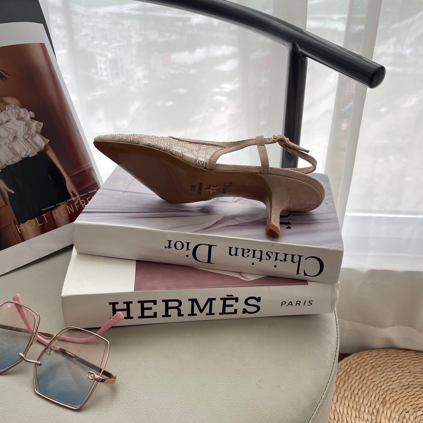 Mesh rhinestone kitten heels