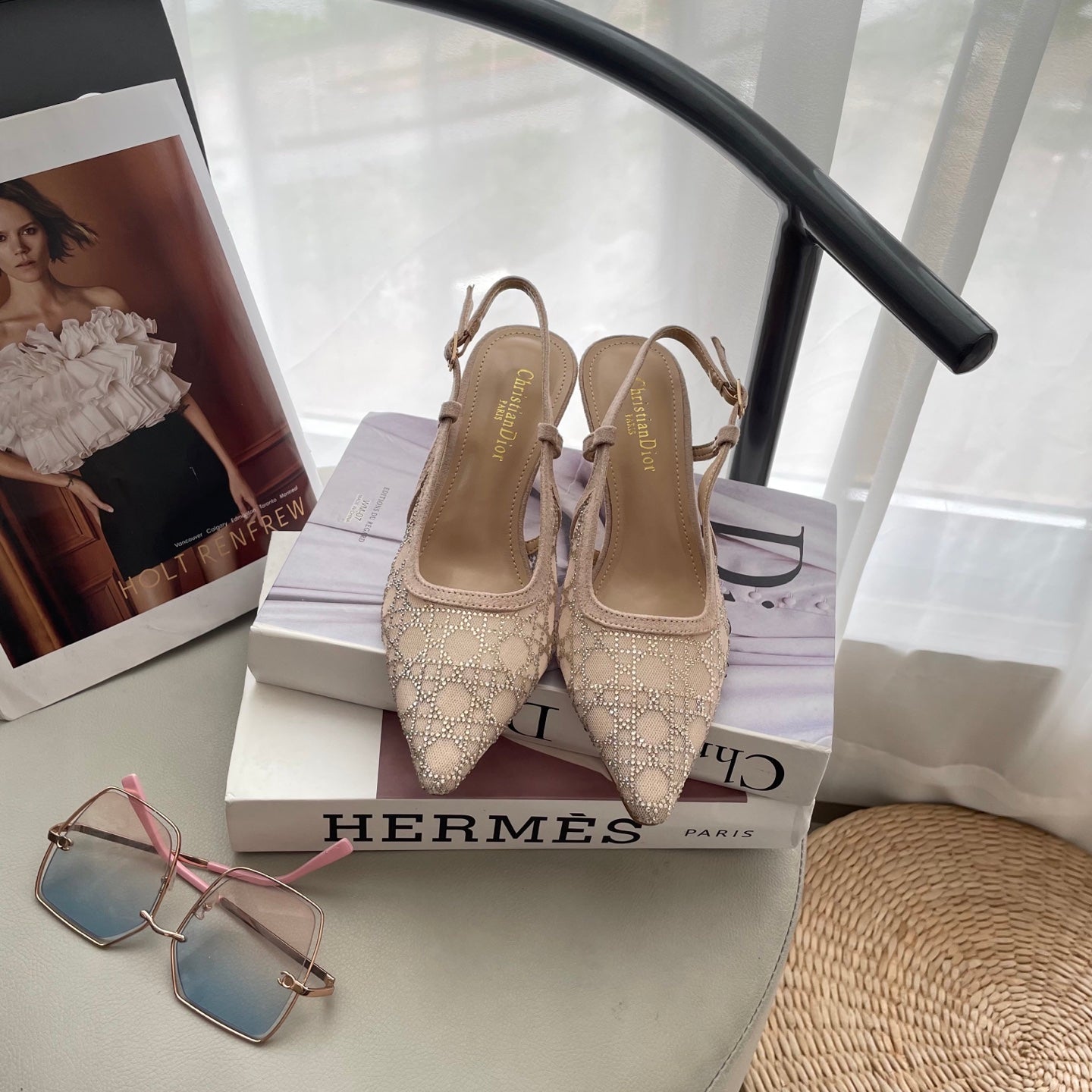 Mesh rhinestone kitten heels