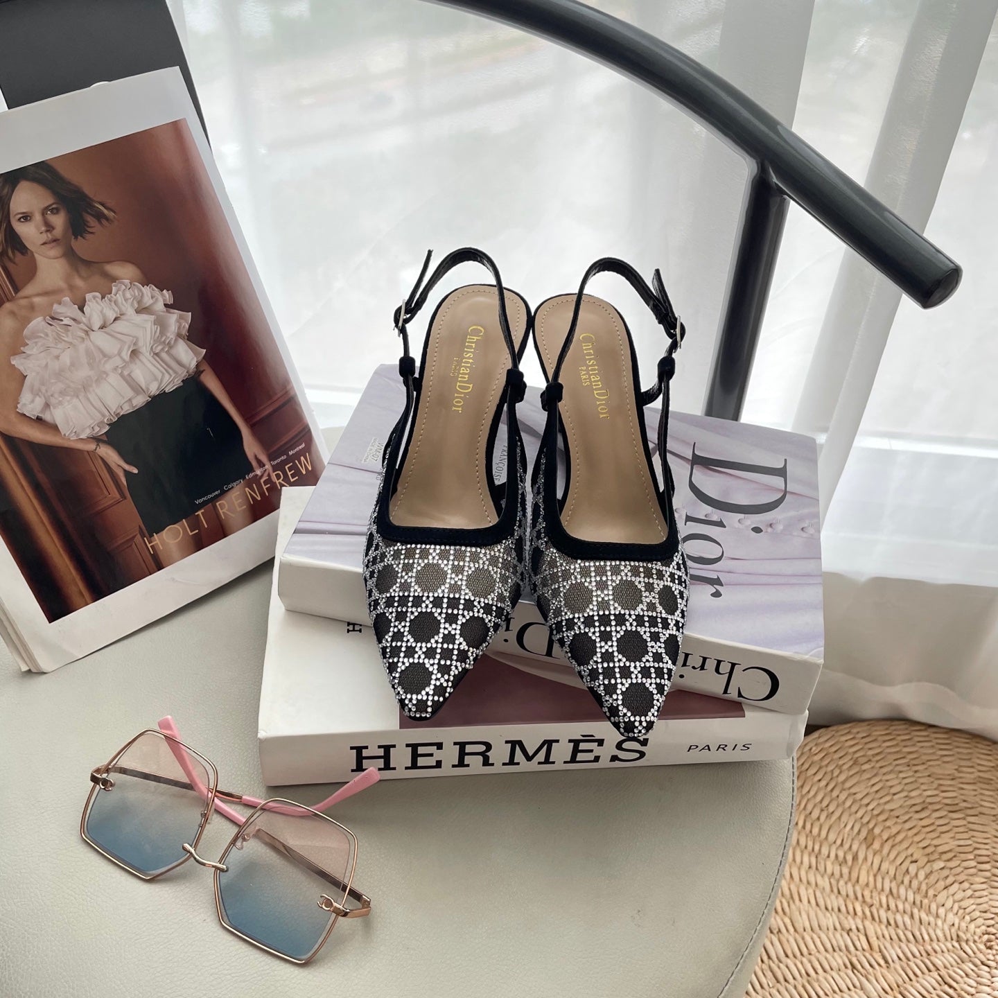 Mesh rhinestone kitten heels