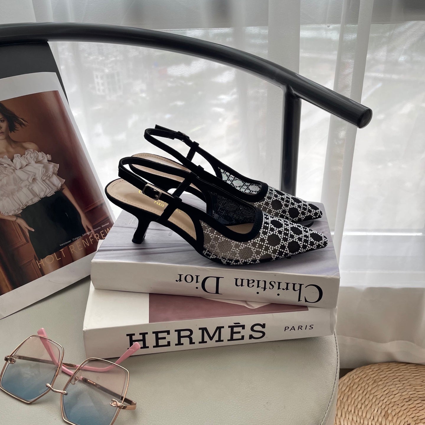 Mesh rhinestone kitten heels