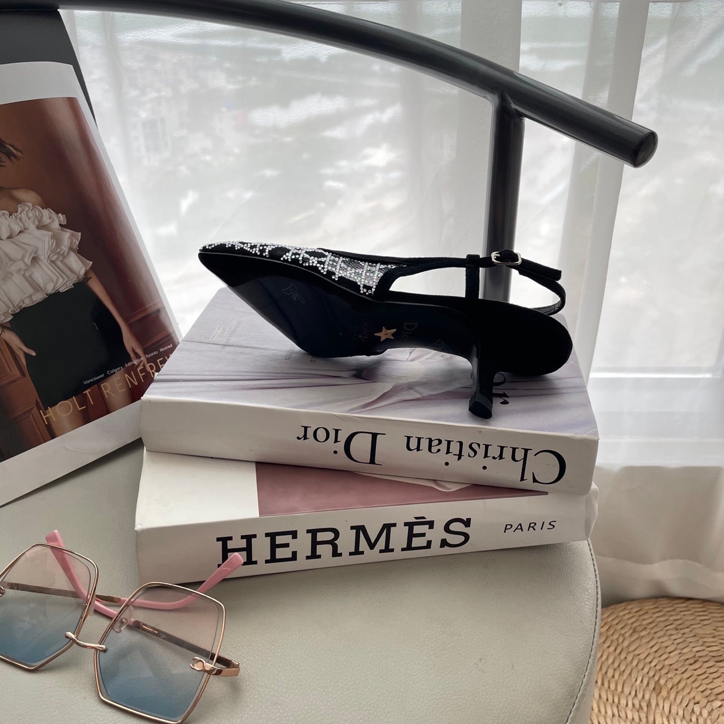 Mesh rhinestone kitten heels