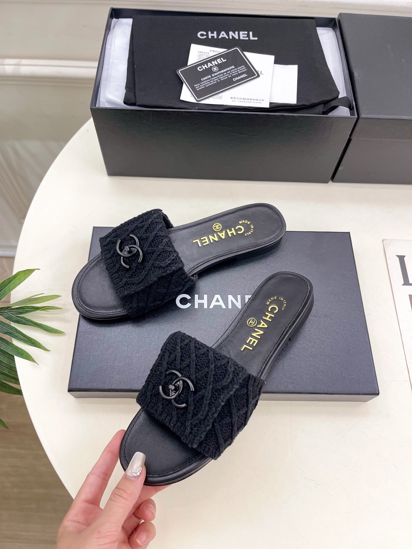 Wool knit covered leather slippers