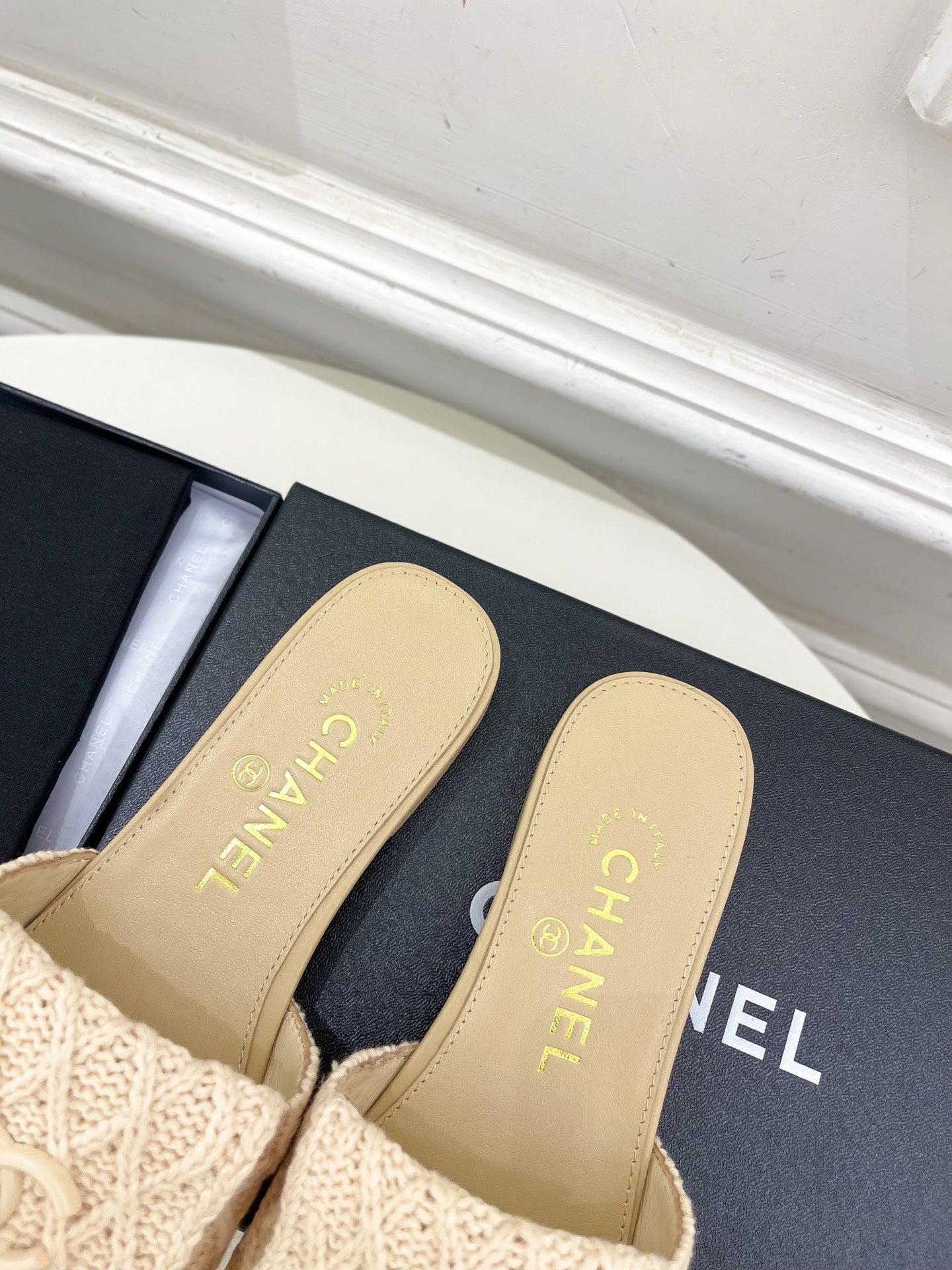 Wool knit covered leather slippers