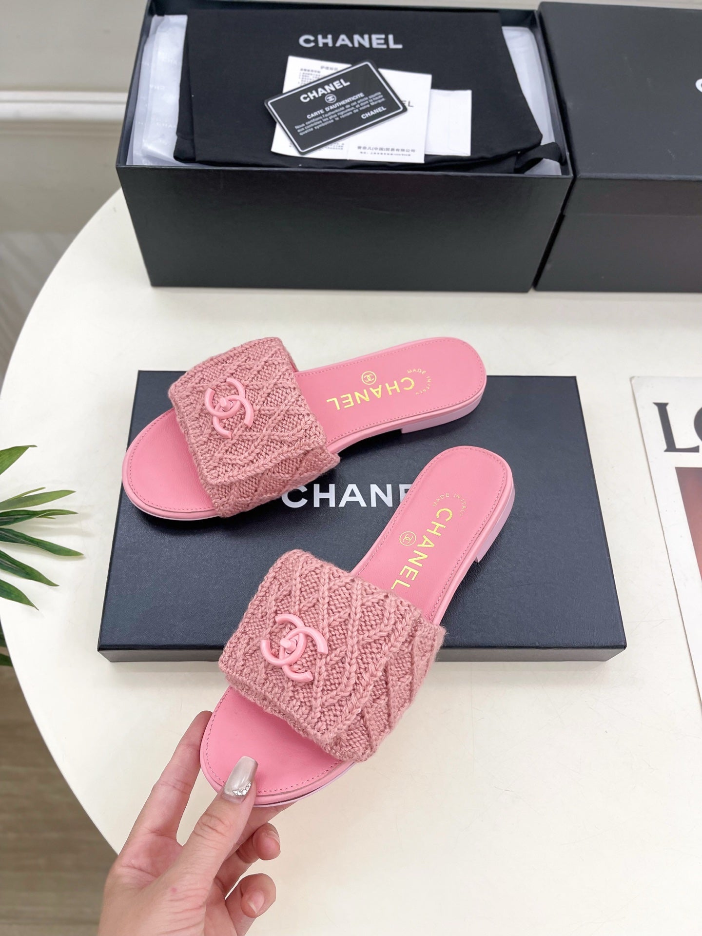 Wool knit covered leather slippers