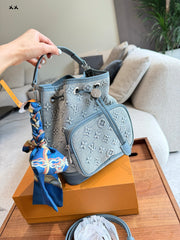 Drawstring embossed denim small bucket bag