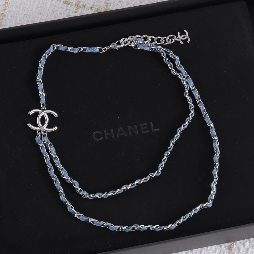 Double-layer Denim blue leather and metal necklace