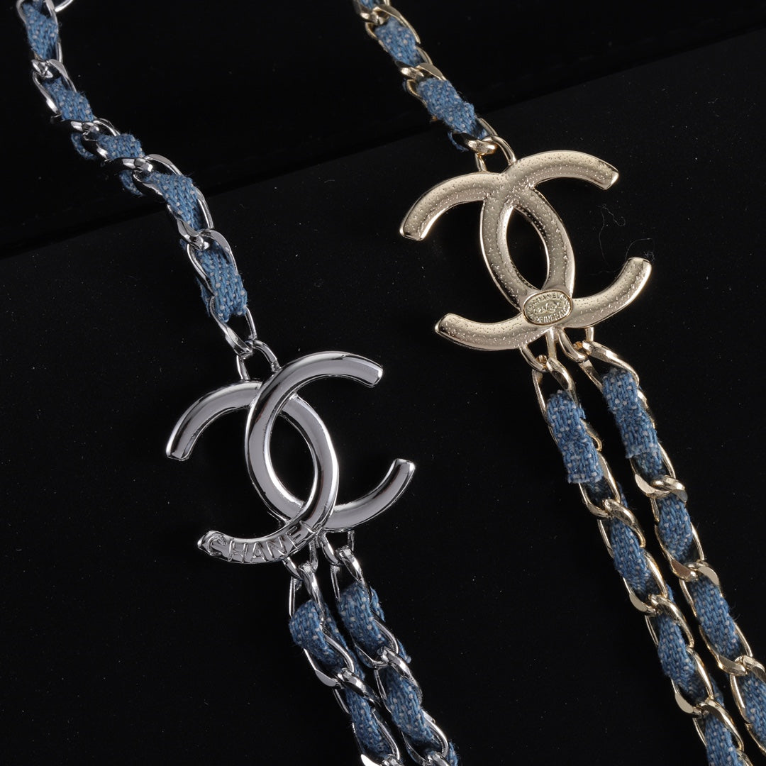 Double-layer Denim blue leather and metal necklace