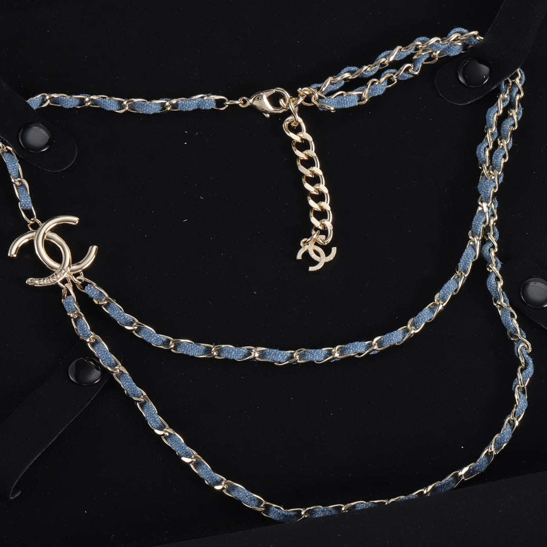 Double-layer Denim blue leather and metal necklace