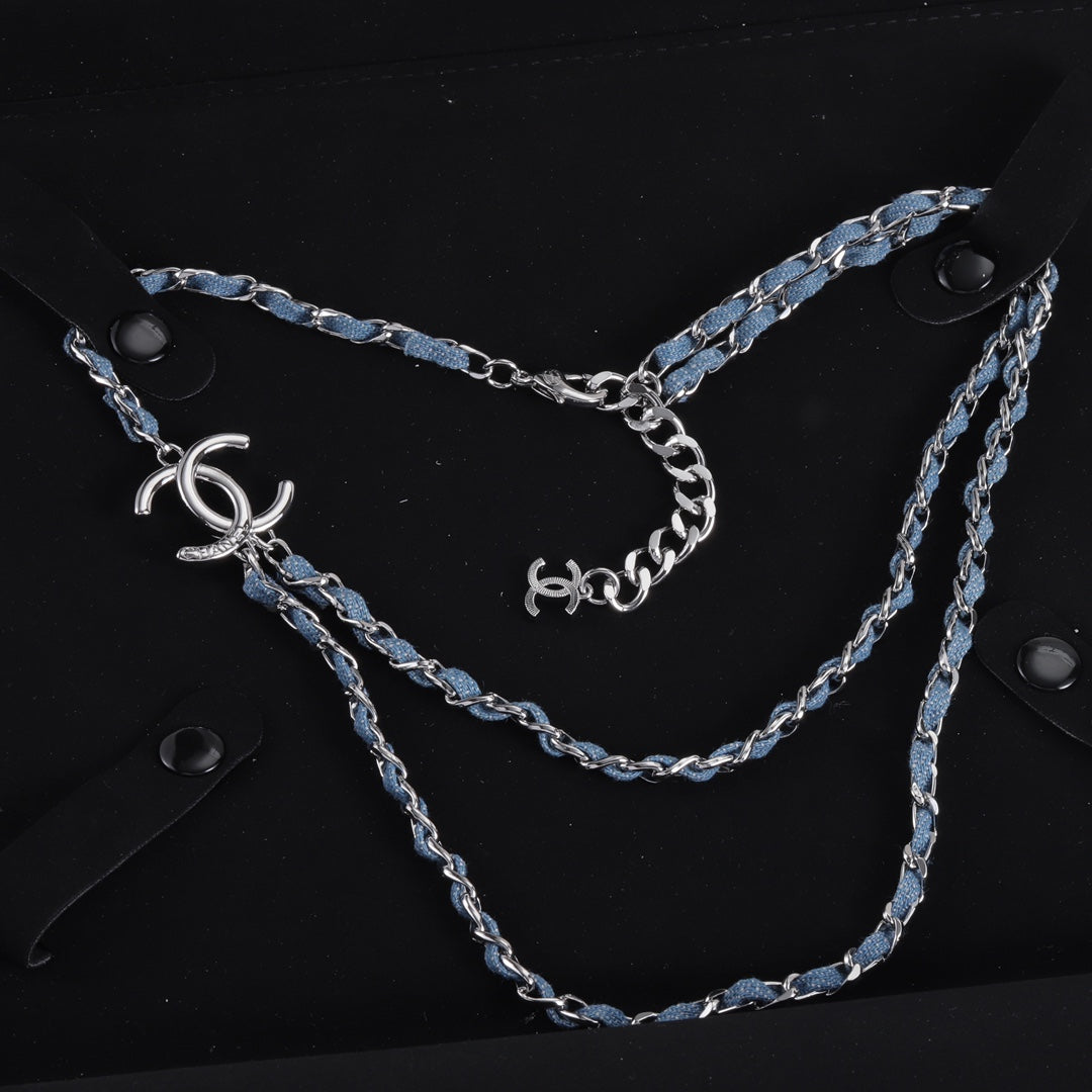Double-layer Denim blue leather and metal necklace