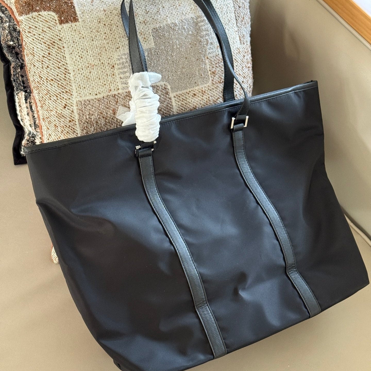 Black nylon large tote bag