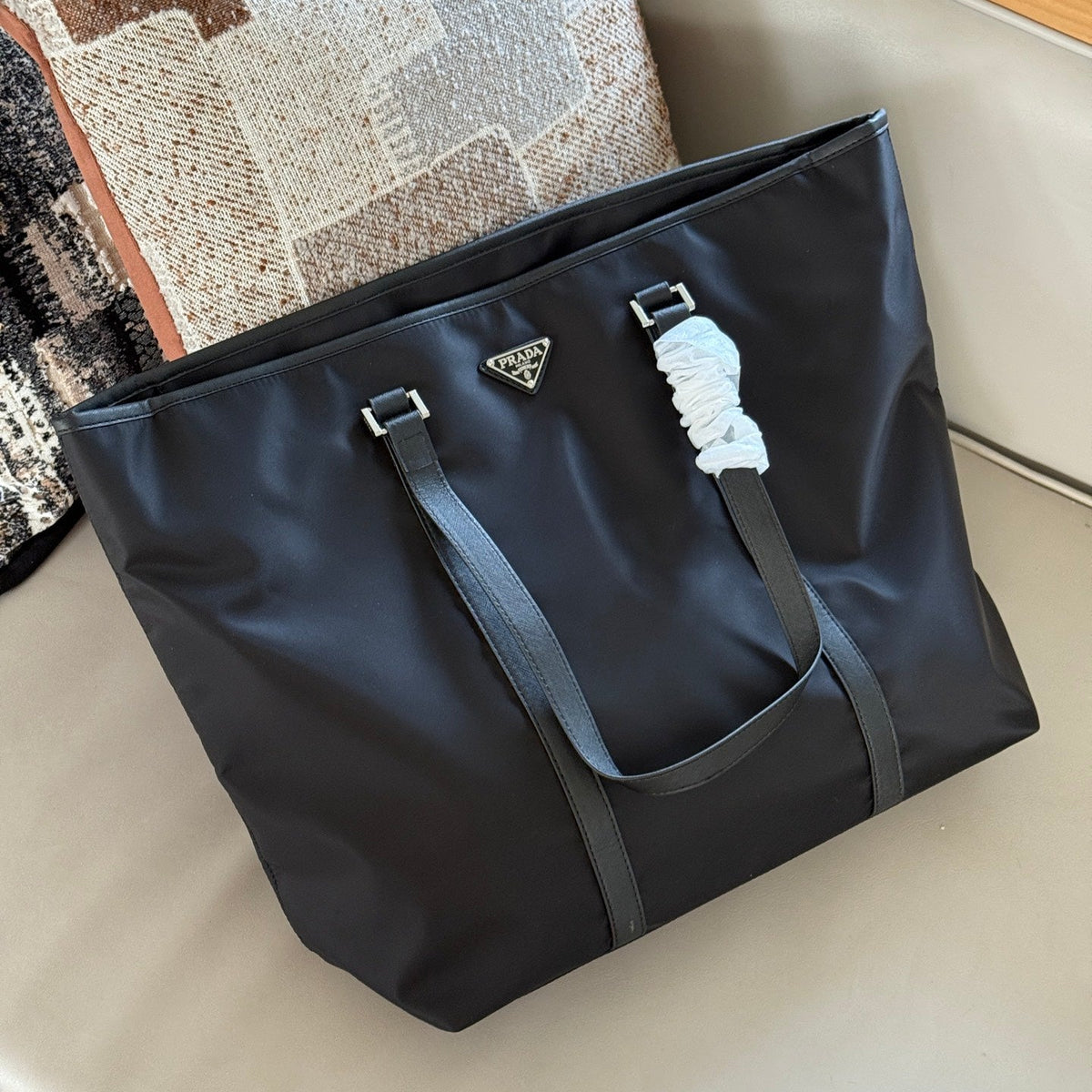 Black nylon large tote bag