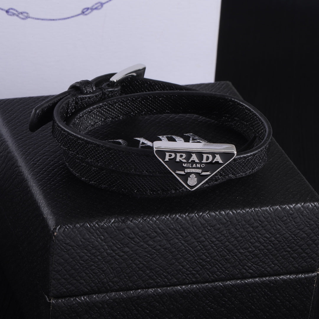 Double Black leather enamel label bracelet