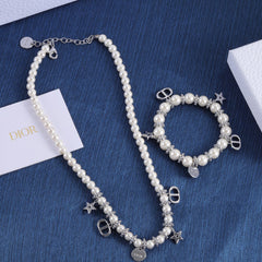 Elegant Silver Charms Pearl Bracelet & Necklace