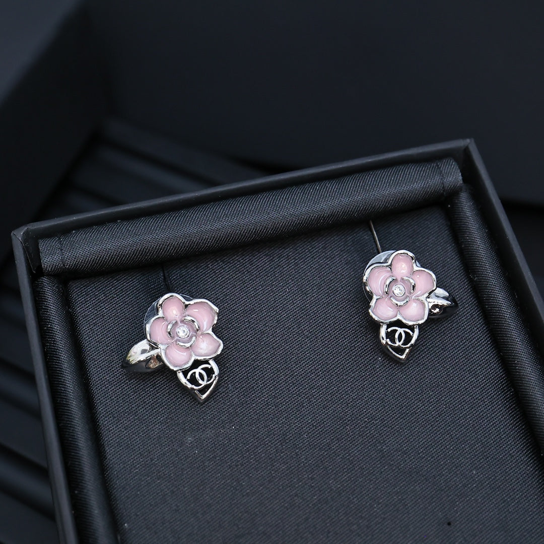 Silver Camellia Enamel Earrings