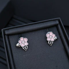 Silver Camellia Enamel Earrings