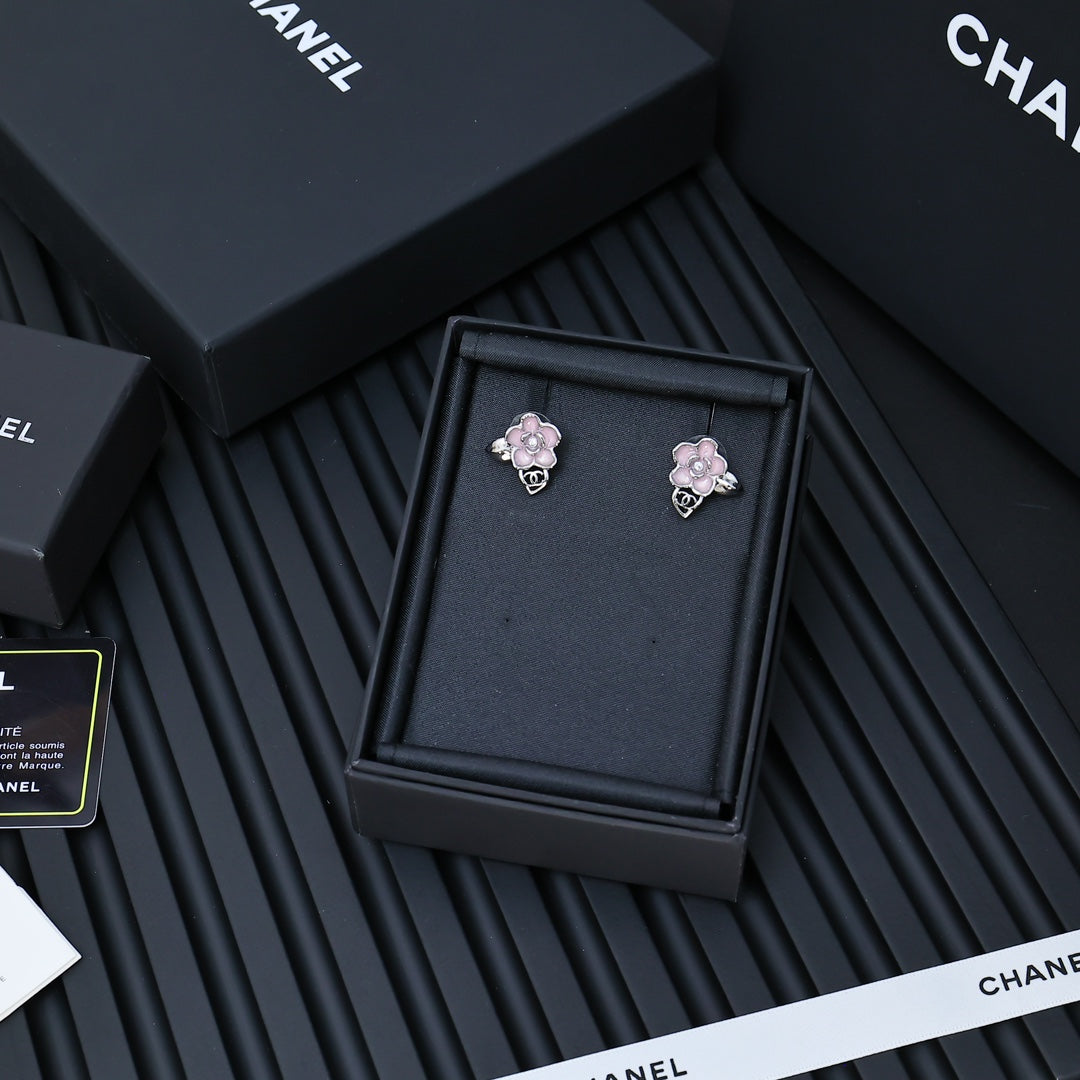 Silver Camellia Enamel Earrings
