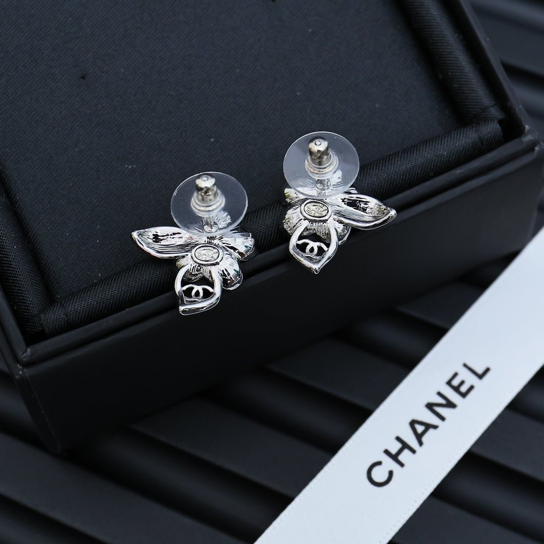 Silver Camellia Enamel Earrings