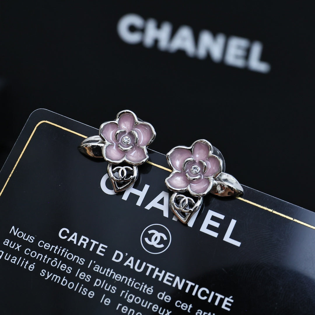 Silver Camellia Enamel Earrings